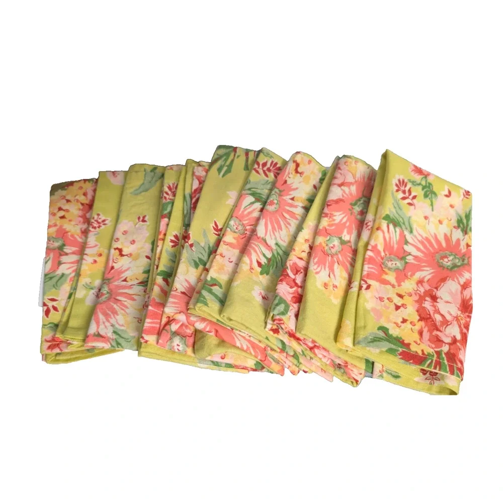 April Cornell Floral Bouquet Napkins Lime Green Pink Cotton Set of 12 Retired